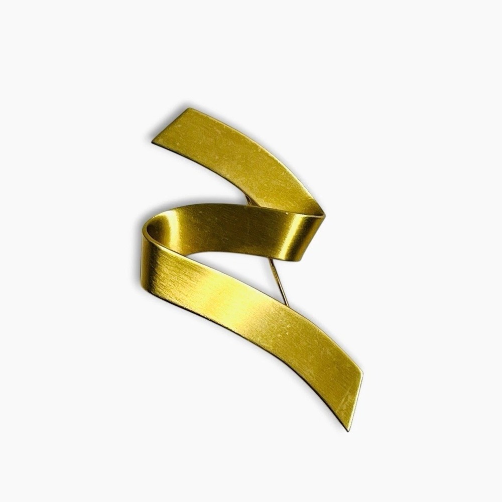 MONET Signed 3 In Gold Plated Modernist‎ Ribbon Zig Zag Brooch Vintage 70s 80s